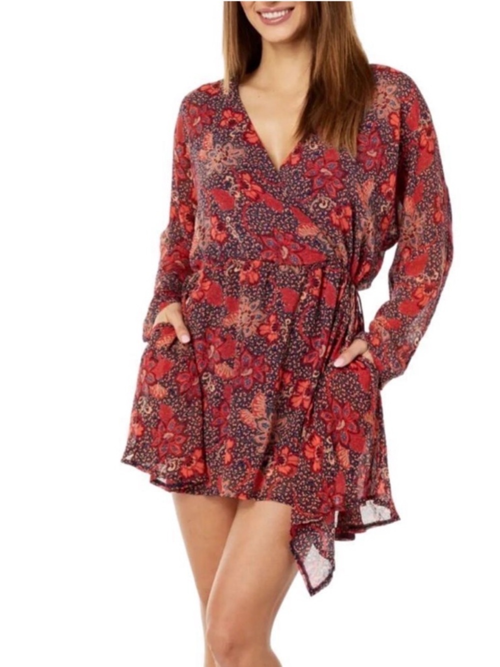 Free People Teegan Mini Dress NWT size Medium‎ in Peach Combo Floral Faux Wrap